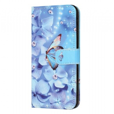 Flip Cover Til Xiaomi Redmi Note 13 Pro 5g Blå Blomster Og Sommerfugl Med Rem