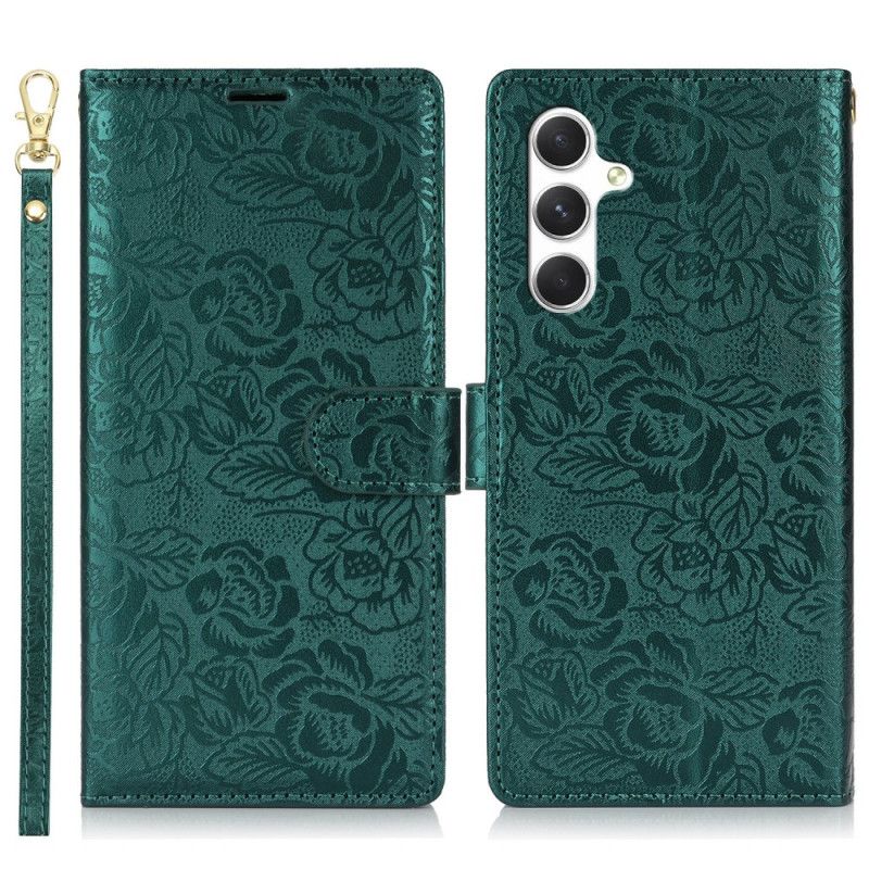 Læder Cover Samsung Galaxy S25 5g Telefon Etui Snor Med Blomsterprint