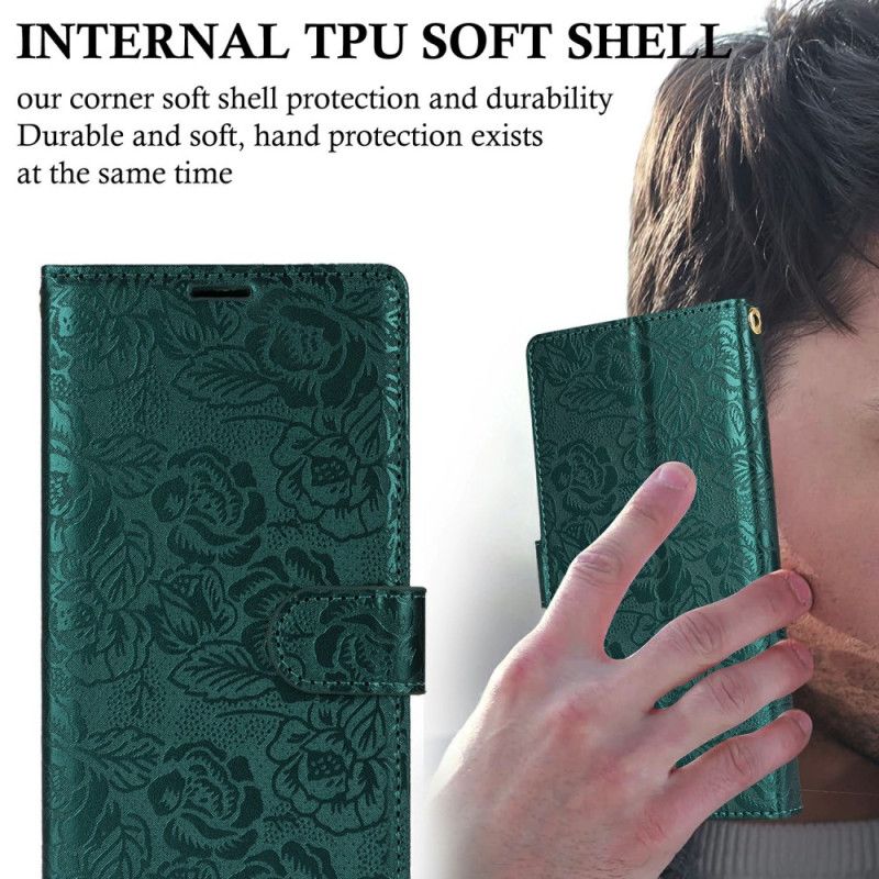 Læder Cover Samsung Galaxy S25 5g Telefon Etui Snor Med Blomsterprint