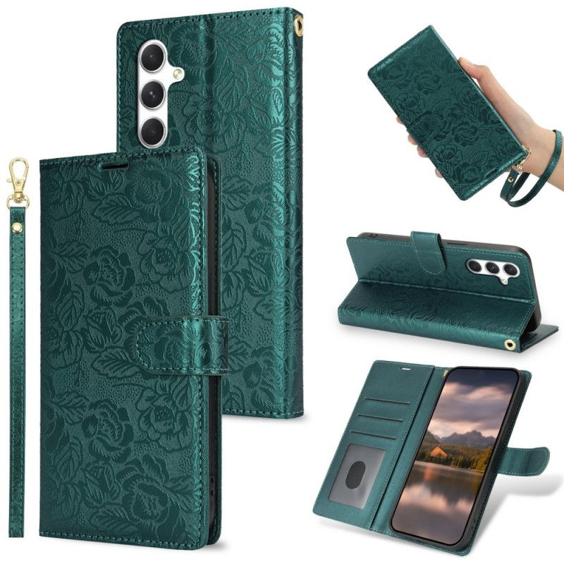 Læder Cover Samsung Galaxy S25 5g Telefon Etui Snor Med Blomsterprint