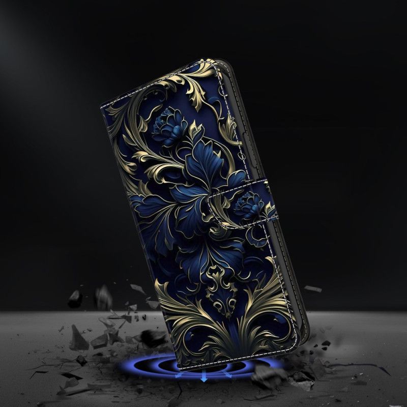 Læder Cover Samsung Galaxy S25 Plus 5g Telefon Etui Metallisk Blå Blomst