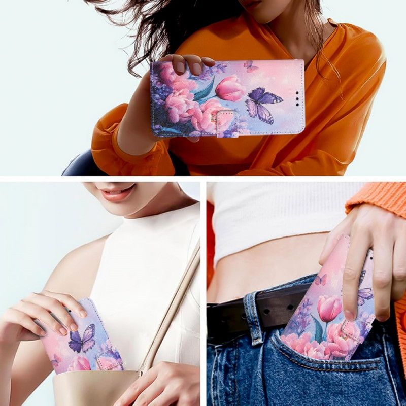 Flip Cover Til Sony Xperia 1 Vii Blomster- Og Sommerfuglemønster