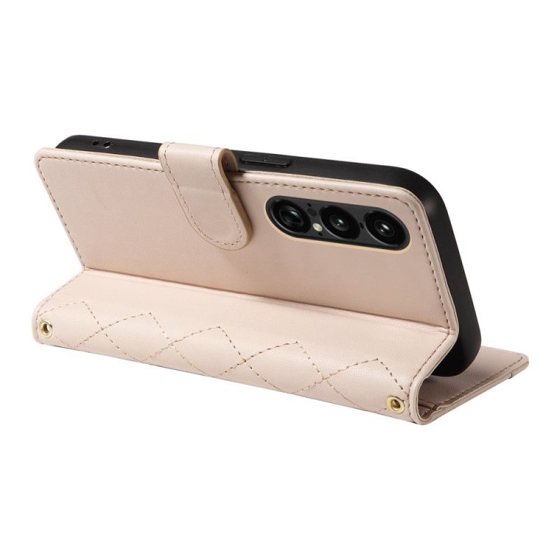 Læder Cover Sony Xperia 1 Vii Telefon Etui Quiltet Med Rem Og Skulderrem