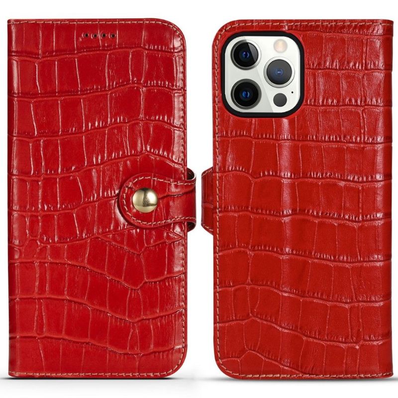 Flip Cover iPhone 13 Pro Hemming Ægte Læder I Croco-look