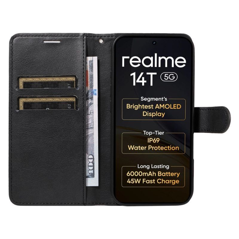Flip Cover Realme 14 5g Almindelig Lædereffekt Med Rem