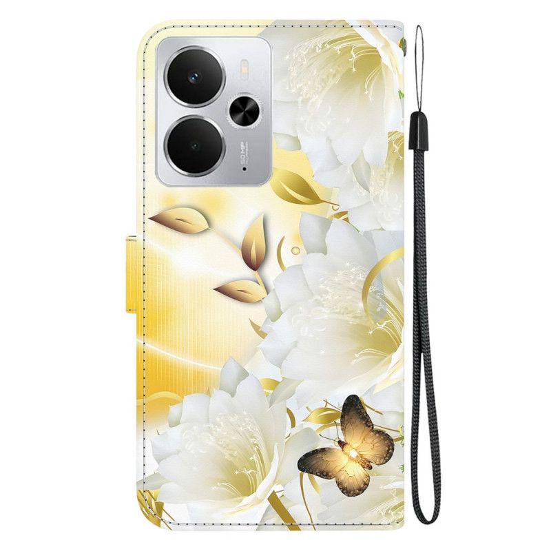 Læder Cover Realme 14 5g Telefon Etui Guld Sommerfugle Og Hvide Blomster