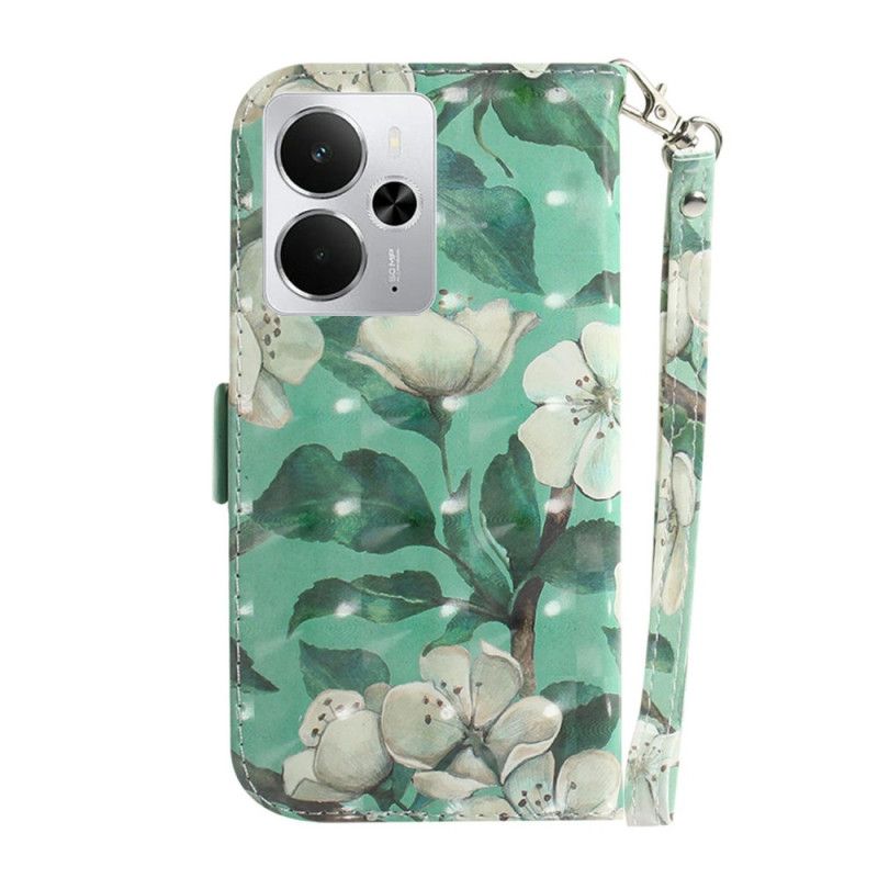 Læder Cover Realme 14 5g Telefon Etui Hvide Blomster Med Snor