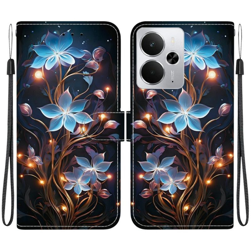 Læder Cover Realme 14 5g Telefon Etui Små Blå Blomster