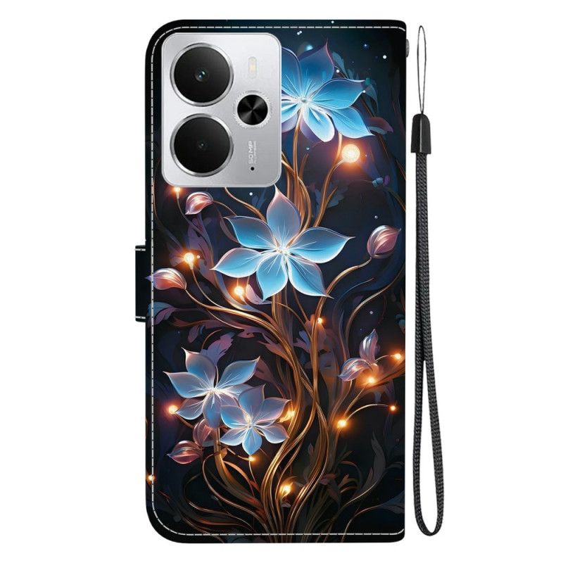 Læder Cover Realme 14 5g Telefon Etui Små Blå Blomster