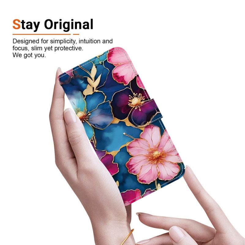 Flip Cover Til Xiaomi Redmi Note 15 5g Blå Og Guld Blomster