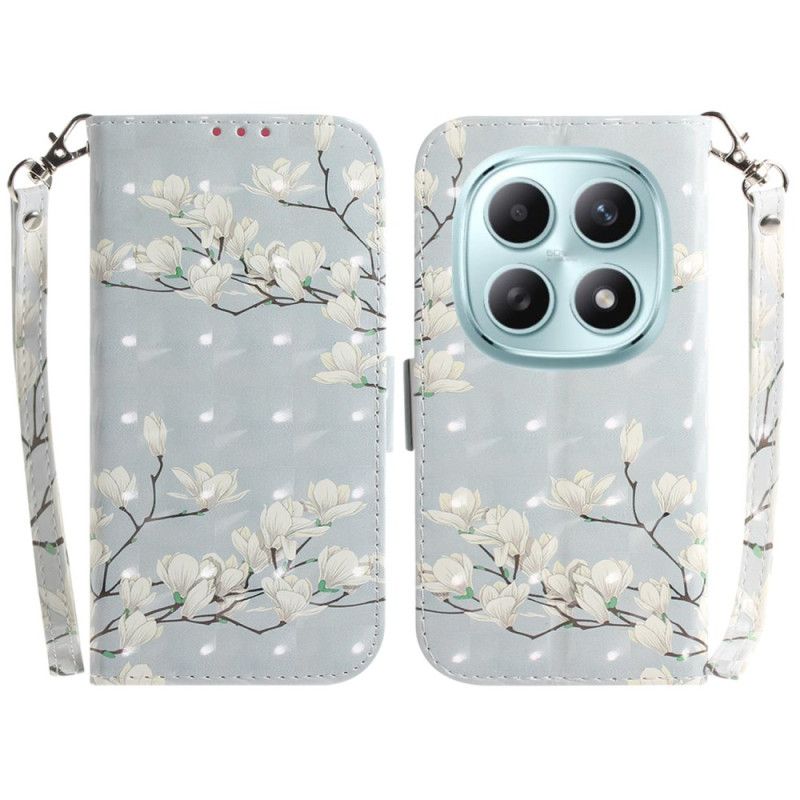 Flip Cover Xiaomi Redmi Note 15 5g Hvide Magnoliaer Med Snor