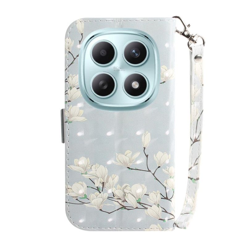 Flip Cover Xiaomi Redmi Note 15 5g Hvide Magnoliaer Med Snor