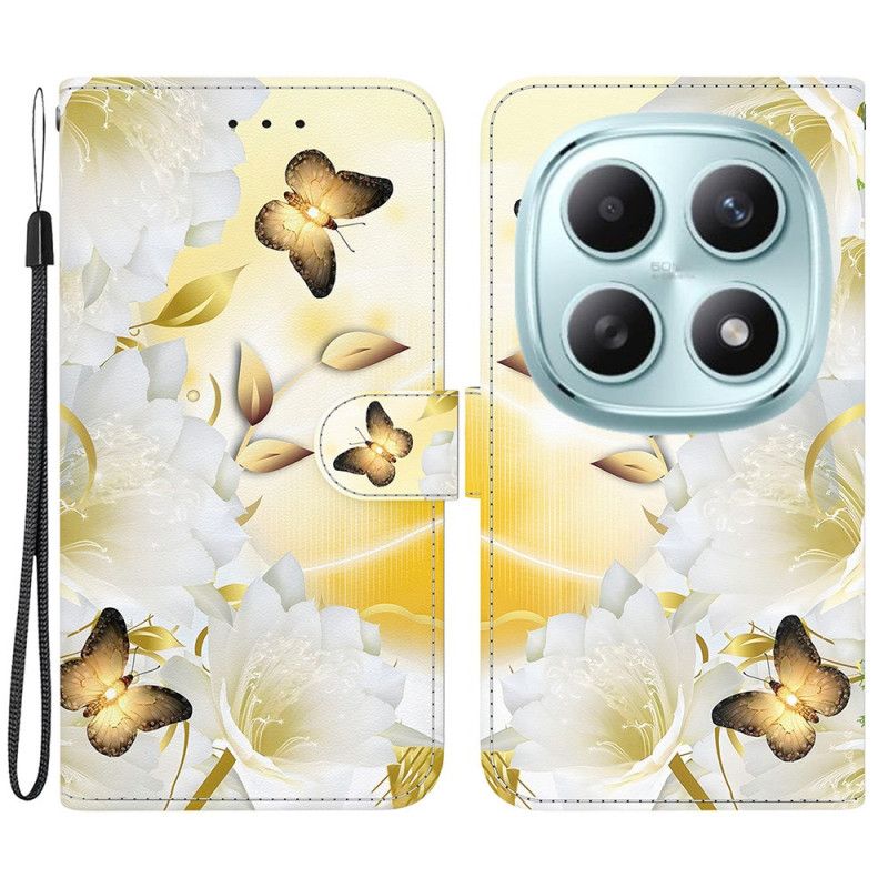 Læder Cover Xiaomi Redmi Note 15 5g Telefon Etui Guldsommerfugle Og Hvide Blomster