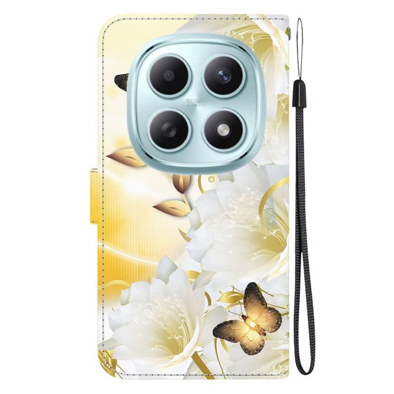 Læder Cover Xiaomi Redmi Note 15 5g Telefon Etui Guldsommerfugle Og Hvide Blomster