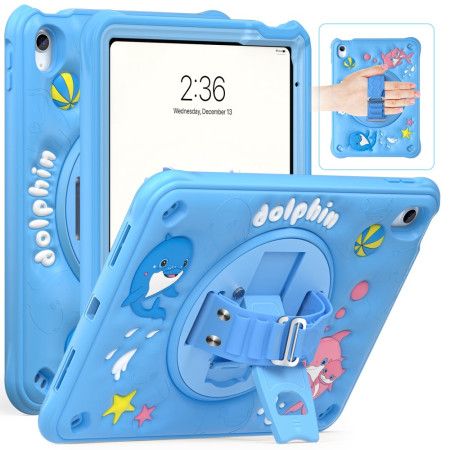 Cover iPad (2025) Roterende Stativ Med Delfin Og Rem Til Børn
