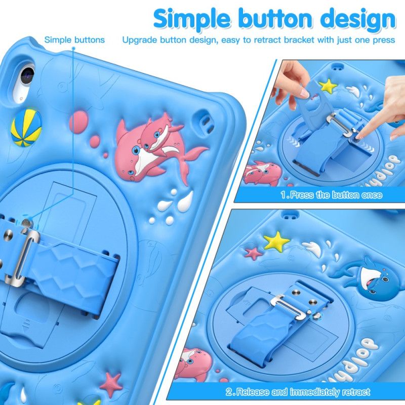 Cover iPad (2025) Roterende Stativ Med Delfin Og Rem Til Børn