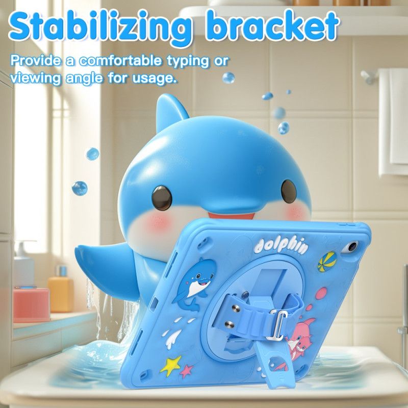 Cover iPad (2025) Roterende Stativ Med Delfin Og Rem Til Børn