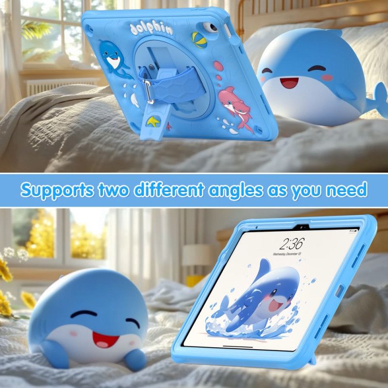 Cover iPad (2025) Roterende Stativ Med Delfin Og Rem Til Børn