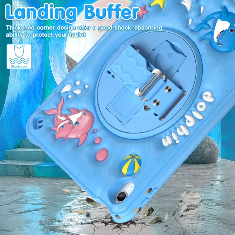 Cover iPad (2025) Roterende Stativ Med Delfin Og Rem Til Børn