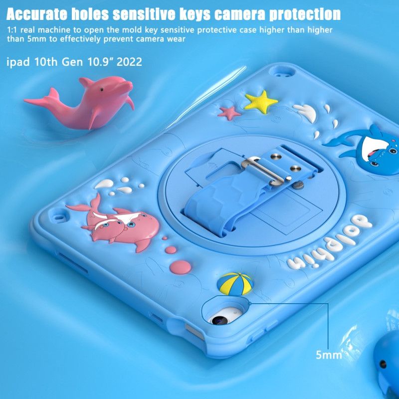 Cover iPad (2025) Roterende Stativ Med Delfin Og Rem Til Børn