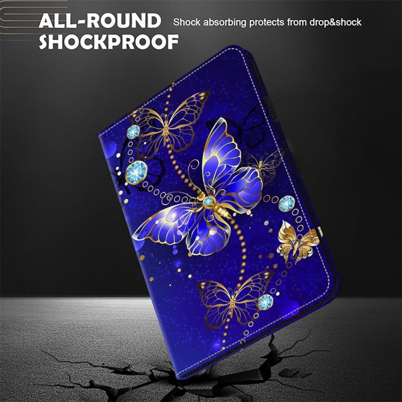 Etui iPad (2025) Blå Og Gyldne Sommerfugle